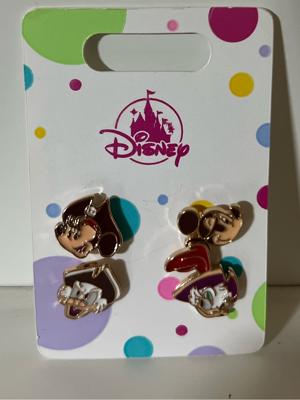 4 Disney Gold-tone Mickey & Minnie Enamel Stud Earrings - Multicolor Accents